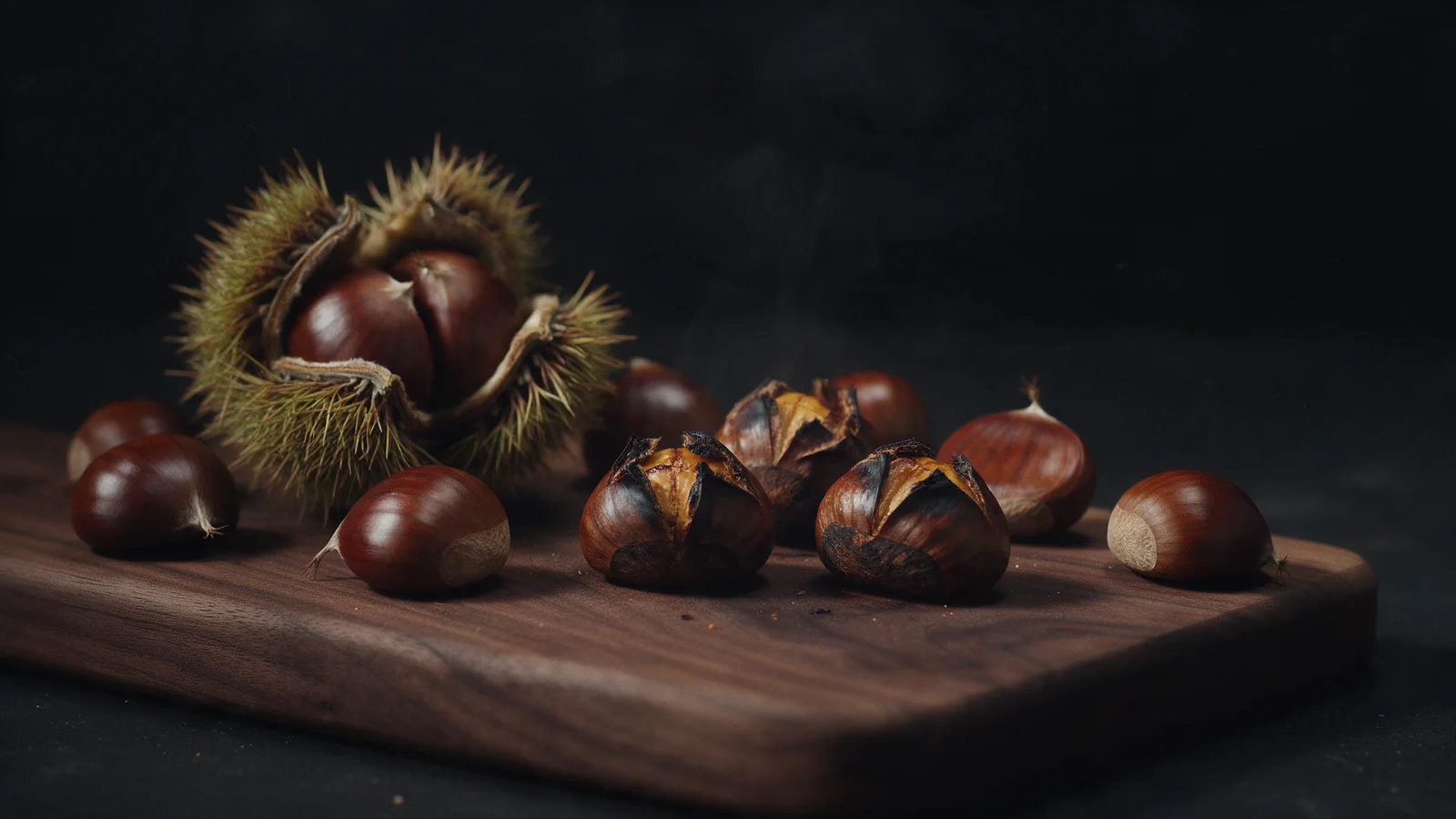 Riccio aperto con castagne lucide e caldarroste incise su un tagliere scuro