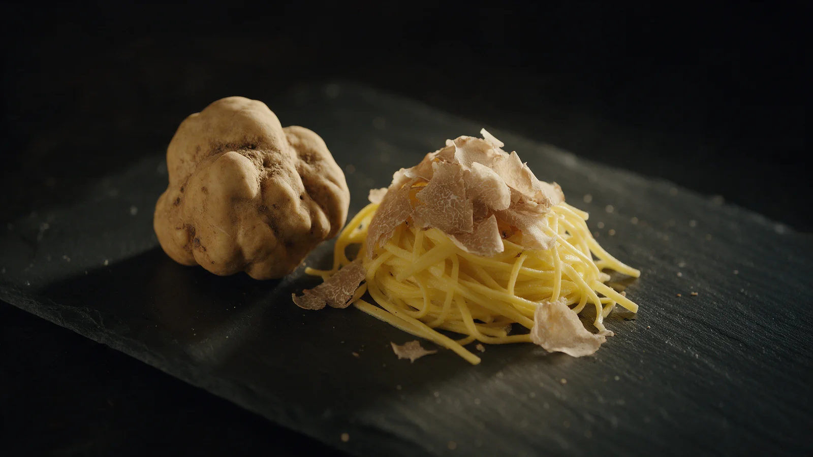 Tartufo bianco d'Alba accanto a tajarin con lamelle di tartufo su ardesia