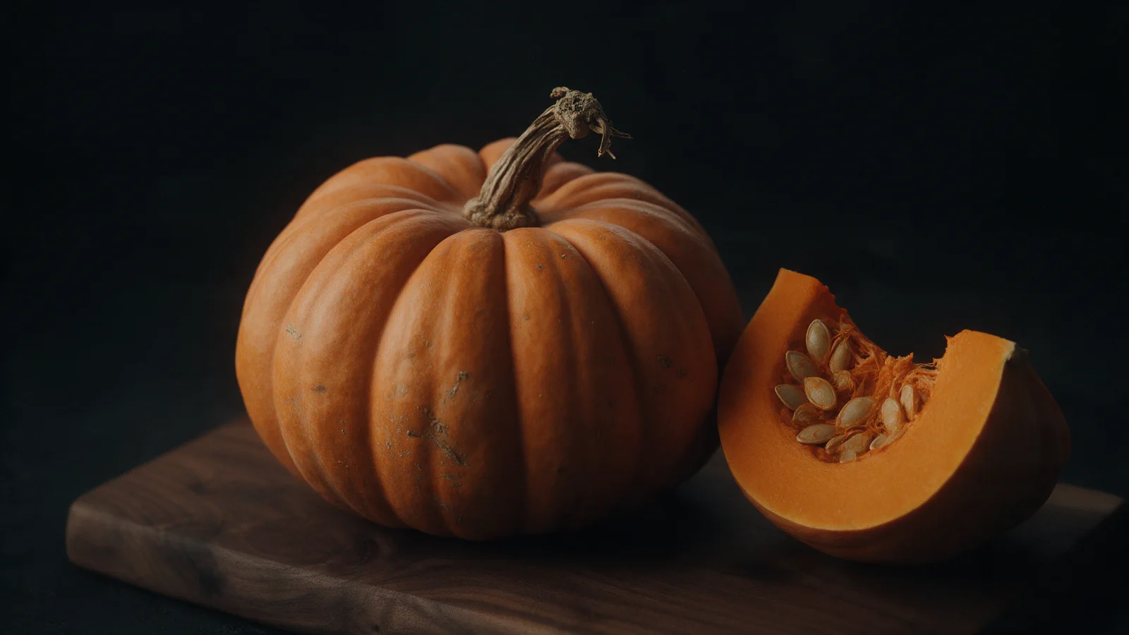 Zucca Delica intera e una fetta con la polpa arancione su un tagliere scuro